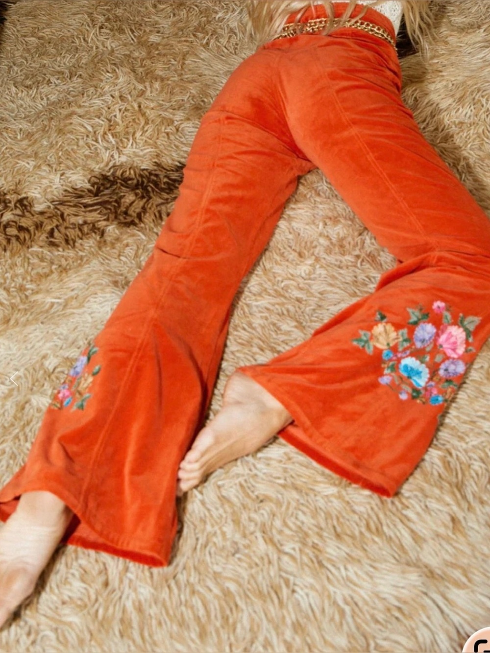 🌼 CU Only Rock and Roll Orange Velvet Flared Pants with Floral Embroidery